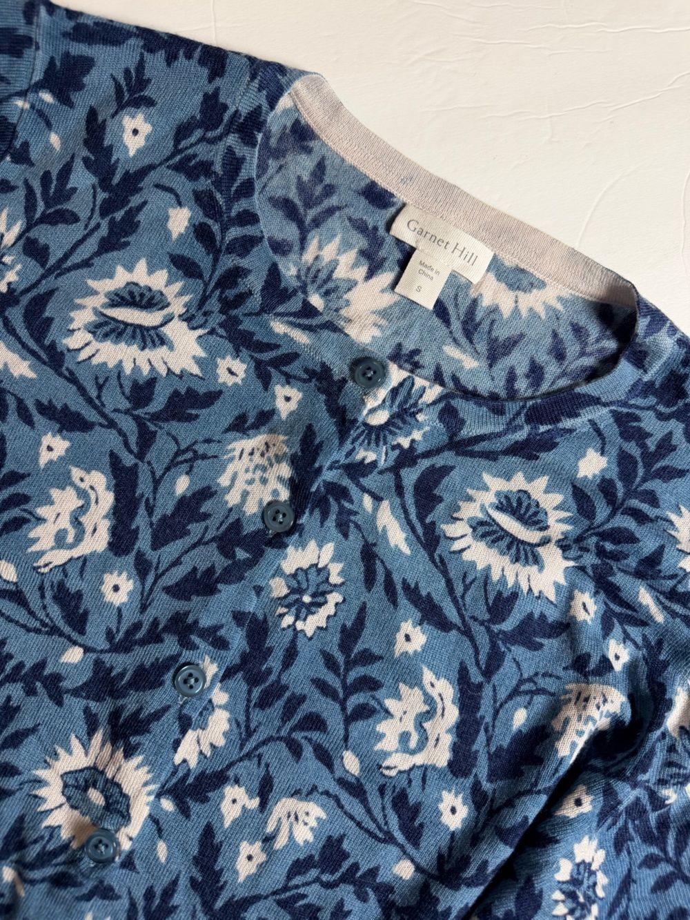 Garnet Hill Merino Wool Floral Button Up Cardigan Sweater Small Blue White Boho